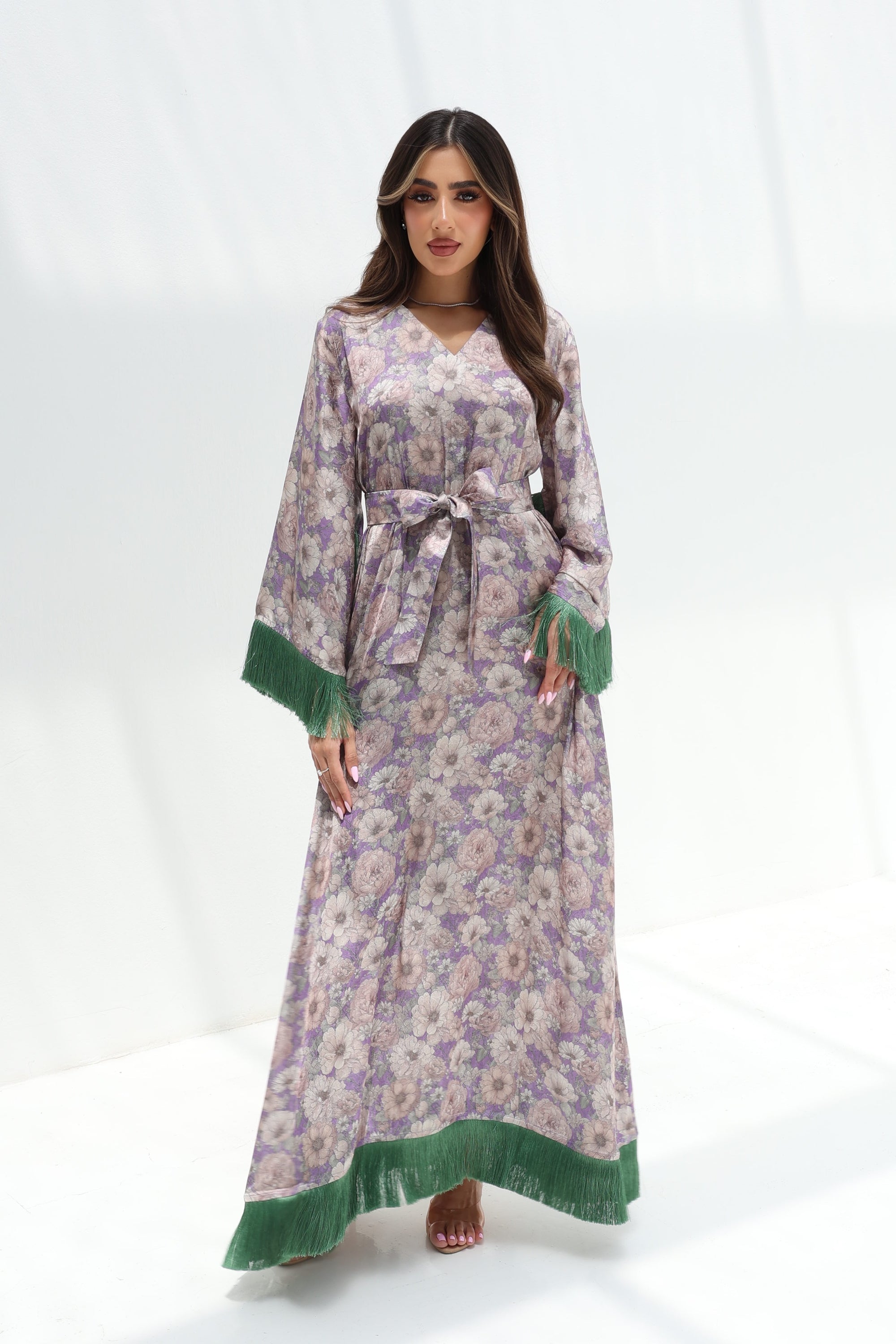 Vintage Garden Fringe Jalabiya - Lavender Bloom Variant Full Leng