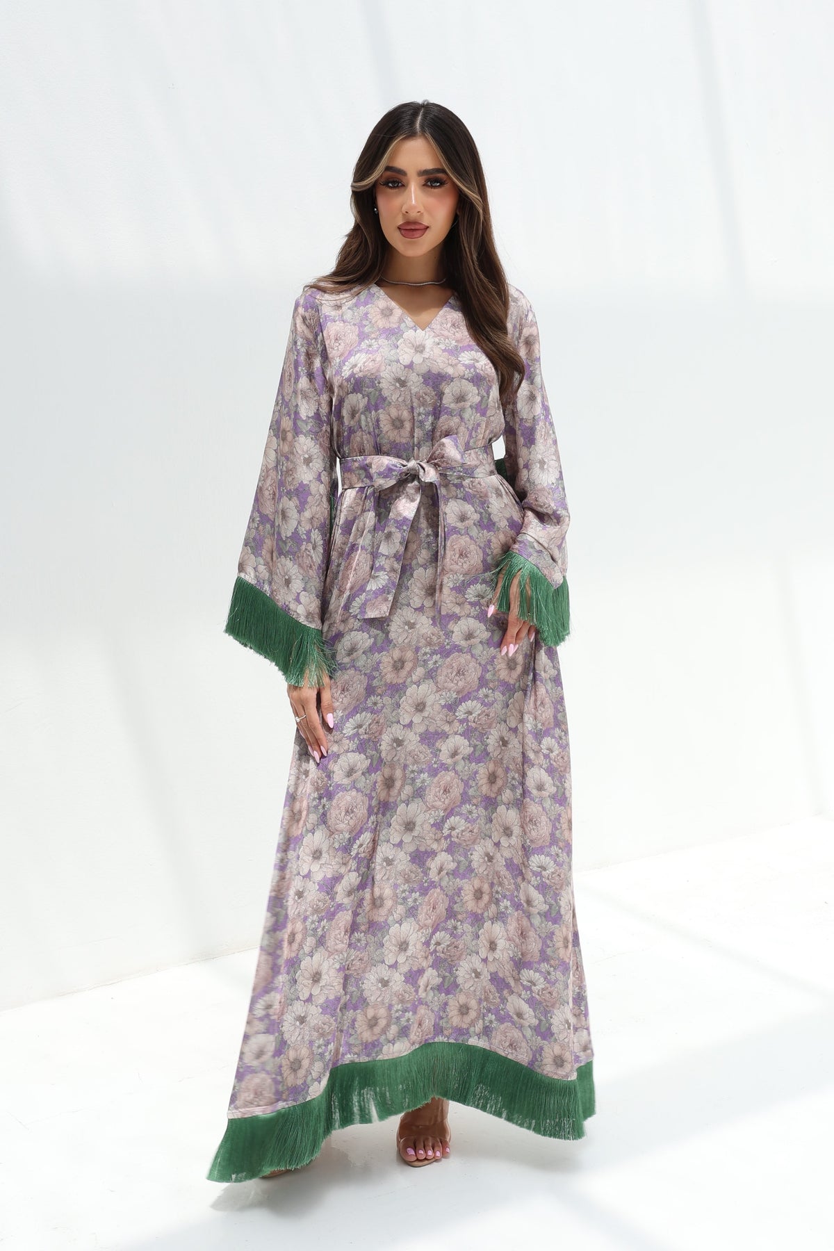 Vintage Garden Fringe jacquard silk jalabiya in lavender floral print with green cuffs and hem