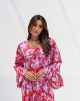 Vivid Watercolor Silk Jalabiya pleated bell sleeve detail