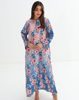 Watercolor Floral Print Linen Blend Jalabiya - Floral Fabric Detail