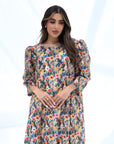 Round neckline and gathered shoulder detail on Wildflower Meadow Print Cotton Dress