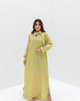 Yellow Abstract Linen Blend Jalabiya full length front view