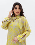 Yellow Abstract Linen Blend Jalabiya scarf neckline detail
